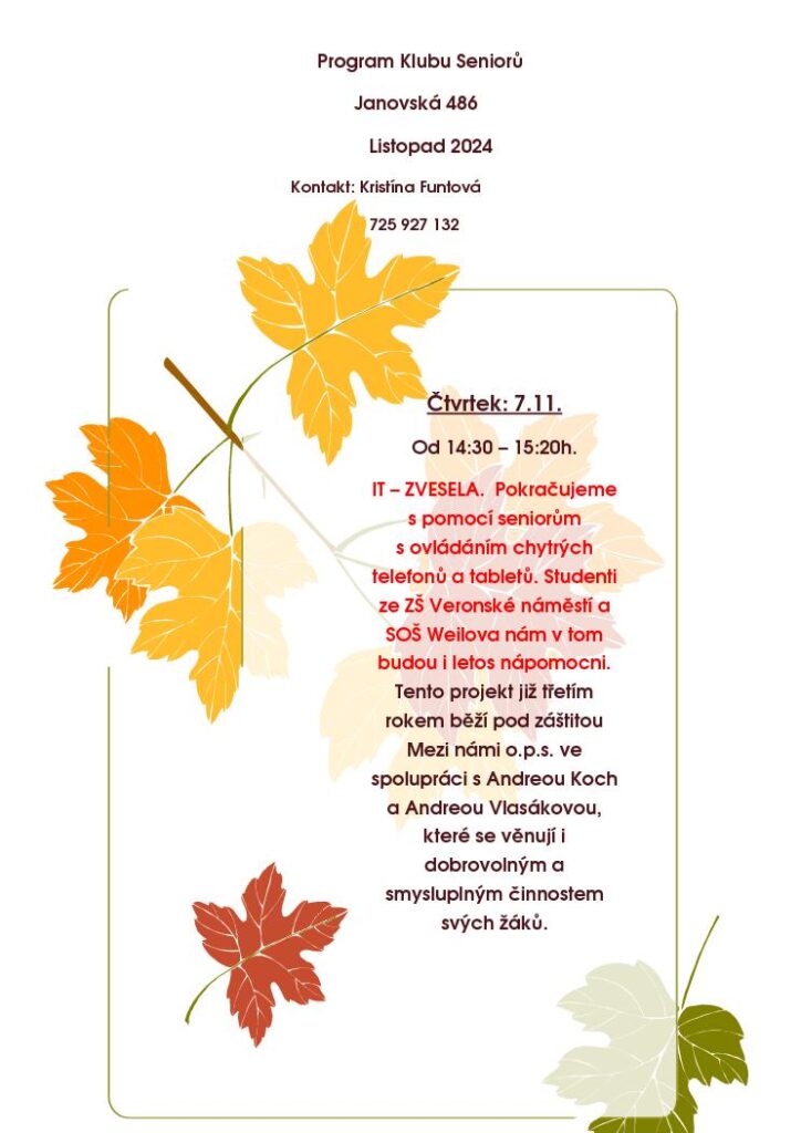 Program Klubu Seniorů od 1.11. 2024 do 7.11. 2024