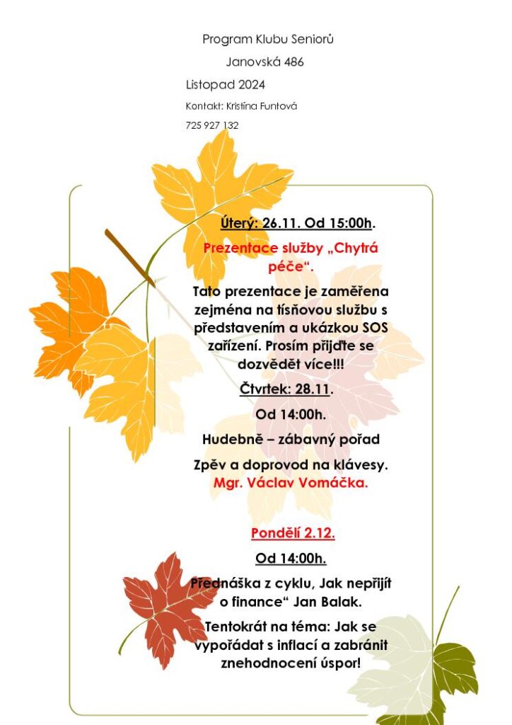 Program Klubu Seniorů od 26.11. - 2.12.2024